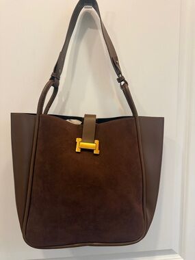 Brown Suede & faux Leather Tote Bag with magnetic Gold Hardware clasp
